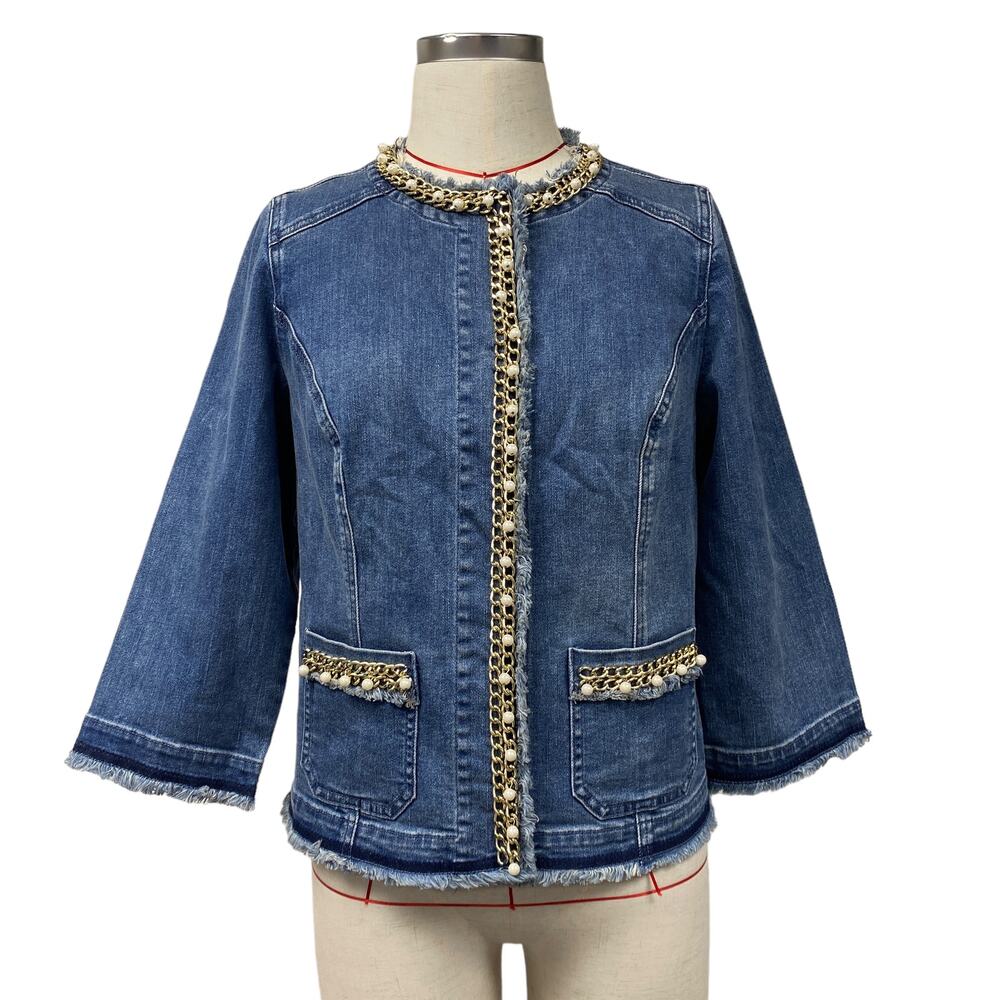 Chicos Womens Size 0 Blue Denim Gold Chain Pearl Trim Frayed Snap Jacket